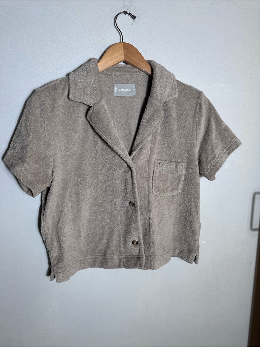 Everlane Short Sleeve Terry Button-Up in Taupe Brown